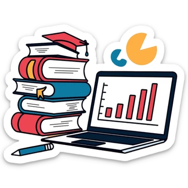 academic research with books, laptop and data charts sticker