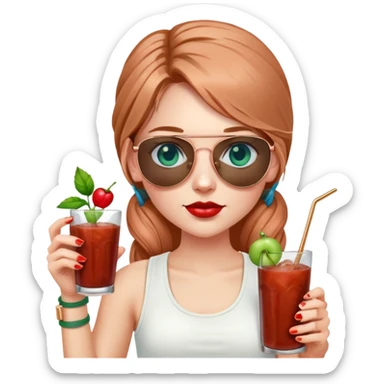 girl with long pig tailed hair
with blue eyes
and aviator sunglasses
wearing white tank top 
holding bloody mary
wearing (rose gold apple watch with forest green band) sticker