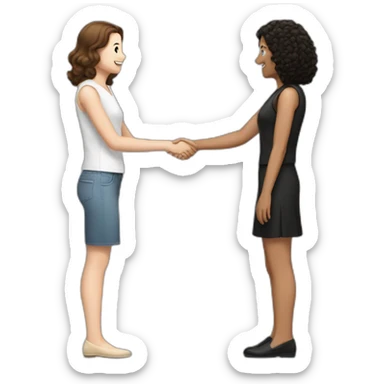 mid-sized pale woman with straight brown hair shakes hands with a tan mid-sized woman with black curly hair sticker