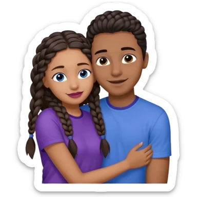 Boyfriend who is very tan olive skinned with blue eyes and wavy straight brown hair in a blue shirt and his girlfriend who is very dark skinned, juicy lipped with black braided hair and the two are hugging and smiling hugely she’s wearing purple and she has black eyes sticker