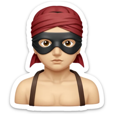 Statue-like figure blindfolded with leather straps, devotion and submission sticker