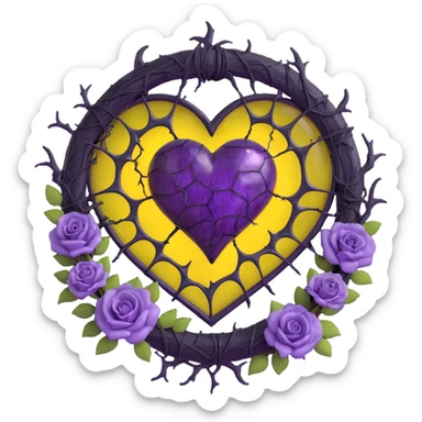 gothic heart made of purple glass with a full moon behind it, black rose wreath, subtle lightning glow, heavy storm rain, spiderweb cracked glass texture sticker
