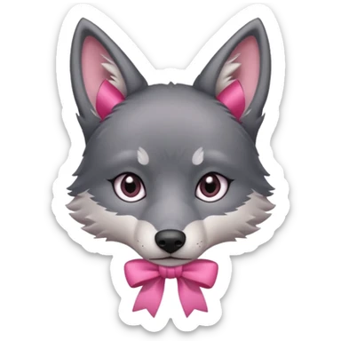 Pleading sad Face cute dark grey wolf with a pink ribbon io his ear head sticker