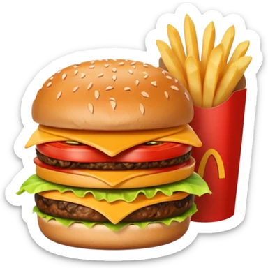 Burguro And Fryuro is two separate entities. The one on the left is a burger, consisting of 2 buns, lettuce, cheese, meat and tomatoes. The burger expresses a angry expression. While the one on the right is a carton of fries, also having a slightly annoyed expression. sticker