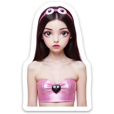 girl with white skin, dark brown long straight hair falling in front of her body, pouty shiny lips without cupid's bow, shiny large eyes with black eyeballs and long eyelashes, lighter button nose, very long oval-shaped face, wearing a pink bandeau top with straight neckline, looking directly at camera with hands down at sides sticker