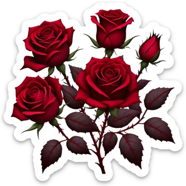 A hauntingly beautiful scene of deep red Gothic roses, their velvety petals unfolding in shades of ruby, burgundy, and scarlet. Dark thorns twist around them, emerging from the shadows like a forbidden love story. sticker
