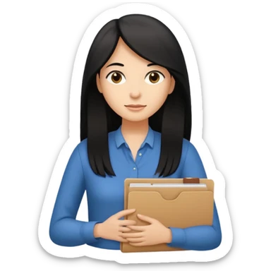 a light tan woman with long black hair past mid-back, round brown eyes and manila folder in her hands sticker