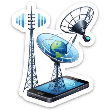 An icon featuring a satellite dish, a cell tower emitting signals, and a smartphone displaying a chat interface. The design includes fiber-optic cables and data waves, symbolizing global communication, connectivity, and information exchange. Transparent background. sticker