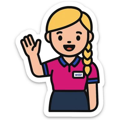 flat design emoji of a cheerful Wizz Air flight attendant waving and smiling, blonde side braid, vivid pink shirt with blue trim, navy skirt, name tag, friendly cartoon-like expression, real colors from reference photo, transparent background sticker