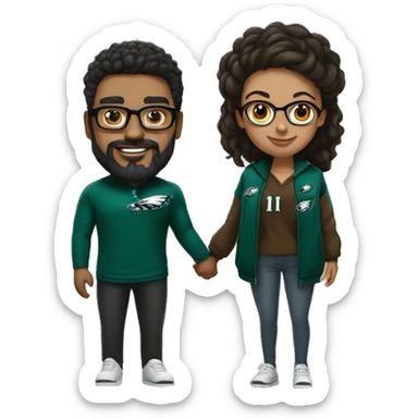 Brown guy with beard mustache and brown girl with glasses and her hair in a bun in Philadelphia eagles clothes holding hands sticker