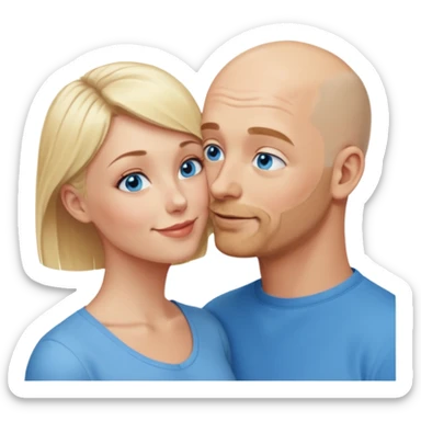 middle aged bald man with salt and blonde scruff, blue eyes and short haired blonde woman with blue eyes kissing each other sticker