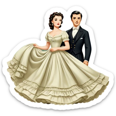 Icon for Romance Movie: A vintage movie poster-style design inspired by Gone with the Wind. Include romantic, sweeping imagery like Scarlett O'Hara in a flowing dress, Rhett Butler, a plantation backdrop, and fluttering wind-blown fabric. Soft, nostalgic cinematic feel. Transparent background. sticker