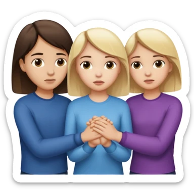  iOS emoji style.
A girl holding hands with two boys at the same time,one boy si brunette the other blonde, one on each side. the brunette one is kised by the girl but the blonde one si holding hand with her
The girl has a suspicious, guilty expression
 smooth gradients, rounded shape sticker