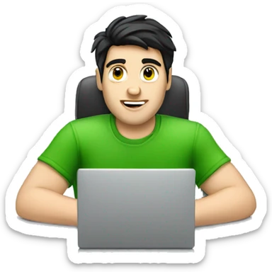 white guy with black hair typing in laptop wearing green t-shirt working in call center sticker