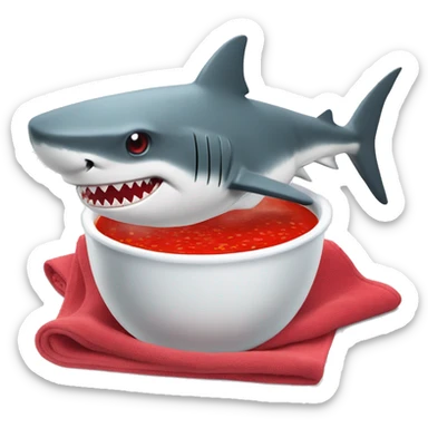 a shark eating red soup with white round pieces floating in it. the shark has a towel on his head and his mouth is watering at the sight of food sticker