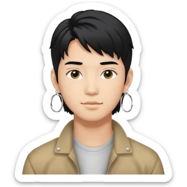asian male with a black middle part with a kpop mullet and silver hoop earrings sticker