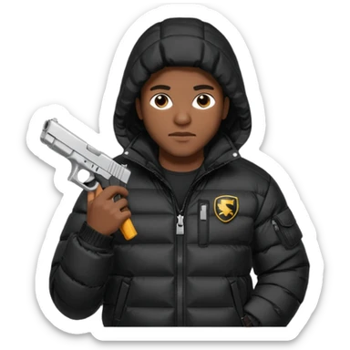 african american wearing a black puffer jacket with the hood on and holding a glock 26 sticker