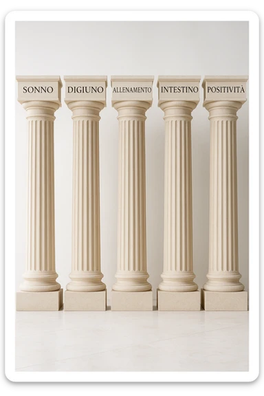 5 pilastri con le scritte "SONNO", "DIGIUNO", "ALLENAMENTO", "INTESTINO", "POSITIVITà" IMMAGINE IPERREALISTICA SFONDO CHIARO IN ITALIANO sticker