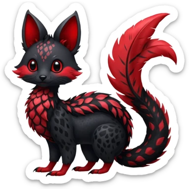 Feral Rare Fantasy shiny soft fuzzy furry vibrant tropical obsidian-black and crimson-red Vernid-Trico-species-creature by LiLaiRa, random markings, tufted tail, tufted ears, full body with markings sticker