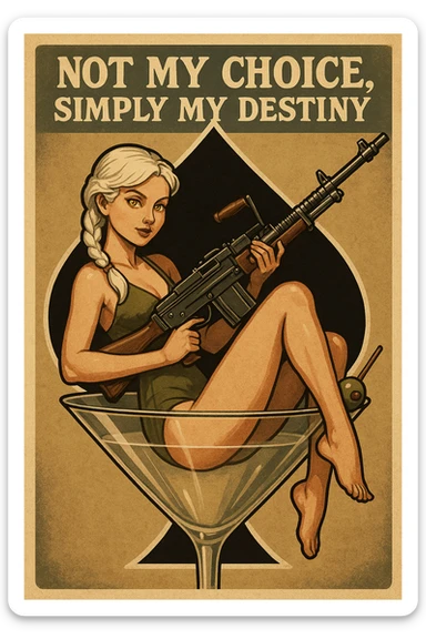 a retro military pinup " not my choice, simply my destiny "
; female figure young,gorgeous, white hair 1 braid, gold yellow eyes, sitting in a martini glass with a massive LMG in a swimsuit in front of a large 'spade' that frames the design sticker