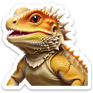 Cinematic Noble Bearded Dragon Portrait Emoji, Poised and regal, with a robust, angular build and a textured, scaled hide in earthy olive and sandy tones, a prominent spiky 'beard' beneath its chin and a keen, alert gaze, Simplified yet sharp and sophisticated features, highly detailed, glowing with a soft, dignified glow, high shine, intelligent and fierce, stylized with an air of desert majesty, focused and attentive, soft glowing outline, capturing the essence of a watchful and commanding reptile, so majestic it feels as though it could scuttle out of the screen with effortless authority! sticker