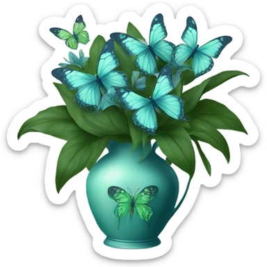 Aesthetic butterfly with blue and green  wings sitting on a dark blue bouquet of Lilies in a pastel green vase sticker