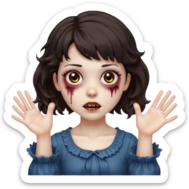 Cabelo ondulado  um pouco cheio e franja curta  Olhos marrons e pequenos e feita d ezumbi mais bonita com cabelo amarro na e com as mãos assim tipo assim🧟‍♀️ sticker