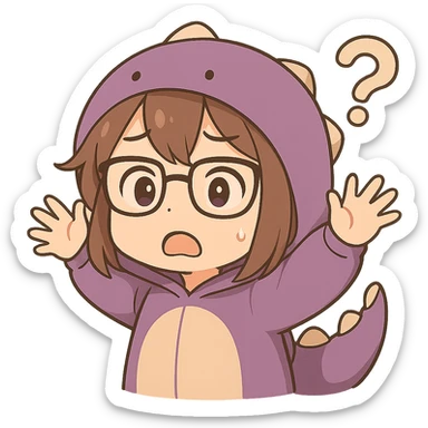 Chibi anime style gamer girl with glasses, brown hair, dark purple eyes, wearing a purple dinosaur costume, new pose with arms up in excitement, making a confused expression, no controller, no background, same style as reference. sticker
