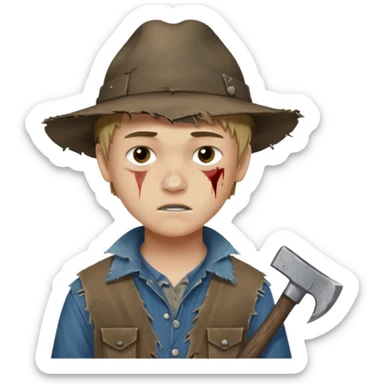 13 y/o Brian robeson at the beginning of Hatchet
distressed, has hatchet, small scratches(no bleeding type) on face, no blood on hatchet sticker