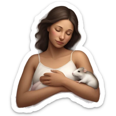 tan skinned white woman with dark brown hair peacefully sleeping and cradling a small delicate white rat with pink eyes in her hands resting it close to her chest. serene and dreamy atmosphere style is soft and realistic sticker