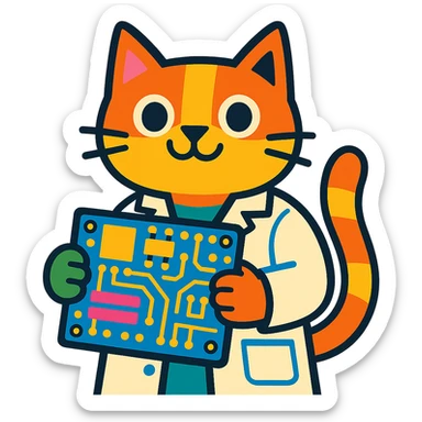 playful and colorful cat in a lab coat holding a circuit board sticker