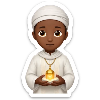 Personnage 3D mignon en style Pixar, un petit garçon portant un qamis blanc et un kufi, tenant un tapis de prière, entouré de lanternes brillantes, fond doux, couleurs chaudes, garçon teint noir sticker