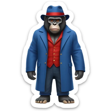 gorilla in paddington bear's  blue overcoat clothes and red hat, full body musular  sticker