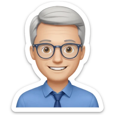 30 yr old pale white man, grey side swept hair, round glasses, big smile, white teeth, handsome, longer hair, thin glasses, blue dress shirt sticker