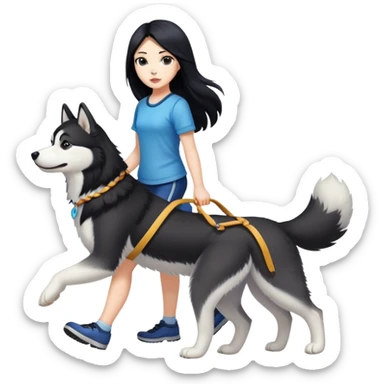A girl with long black hair walks a husky sticker