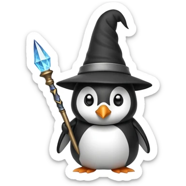 penguin wizard with a pointy hat and magic wand sticker