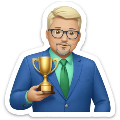 Full Body white middle aged male plus size wearing glasses with a goatee with light blonde and gray very short hair basketball head Coach in blue and green suit holding trophy sticker