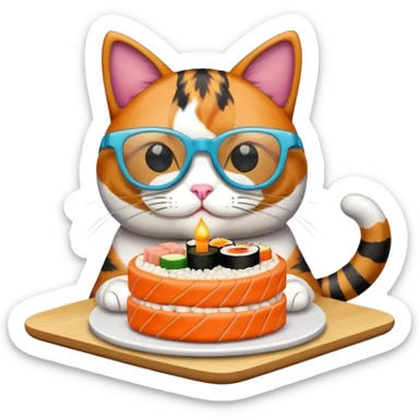 cat with cool square glasses eating a birthday cake made out of sushi sticker