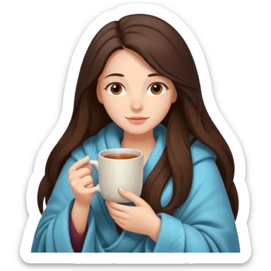 brunnette girl with long hair snuggled up in a blanket and holding a hot tea in her hands sticker