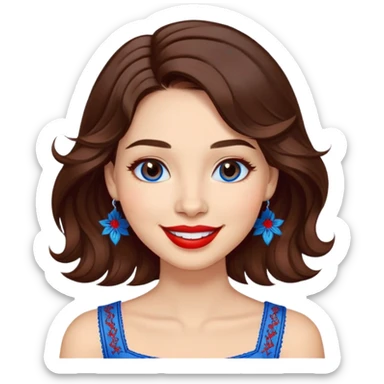 Cheerful woman with clear skin, round face, wide friendly smile, big light brown eyes, vibrant red lipstick, shoulder-length wavy dark brown hair, white top with blue embroidery and electric blue neckline sticker