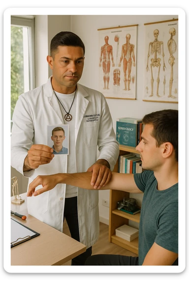 a middle-aged man, dressed in casual professional attire, is in a bright, organized therapy studio. Durante una visita di kinesiologia, il ragazzo tiene con una mano la foto di una persona lontana (il “testimone”) tiene la foto in mano, mentre con l’altra mano esegue un test muscolare su un cliente presente senza foto. Sullo sfondo si vedono libri di kinesiologia, poster anatomici e strumenti tipici della disciplina. L’atmosfera è concentrata e serena, con luce naturale che entra dalla finestra, sottolineando l’aspetto alternativo e umano della pratica. sticker