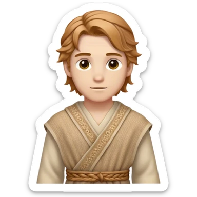 Medieval spring outfit worn by a DnD themed fantasy male character. Wheat-colored wool tunic with subtle herringbone weave pattern, cinched with a braided fabric sash. Clothes only above the waist, full waist coverage. The character has no arms. Character is white-skinned with light chestnut hair, golden brown eyes, and medium-length wavy hair. sticker