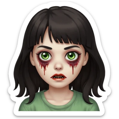 Zombie girl, with bangs above her eyebrows, her dark hair, thin eyebrows. Long hair and Wavy sticker