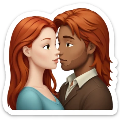 mujer pelirroja pelo largo besando a un hombre de pelo café sticker