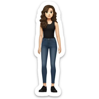 tall skinny brunette haired girl with brown eyes medium wavy hair and middle part curtain bangs wearing dark wash jeans and black high neck tank top and black mary jane heel shoes standing and holding fat black cat with white spot on its belly sticker