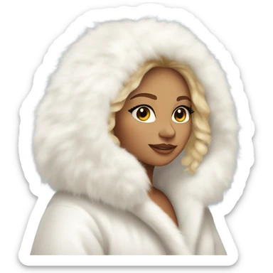 Tanned Girl with lashes , blonde hair, in an extremely big fluffy oversized white fur coat with hood on. The fur is real and it’s very obvious big and fluffy, aestheticism sticker