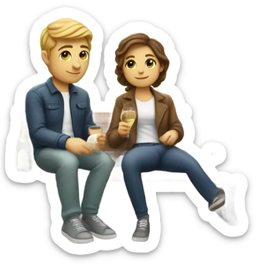 couple of white people with brown hair, sitting closely on a park bench, enjoying a romantic moment. One person is holding a croissant, and the other is holding a glass of Prosecco.  sticker