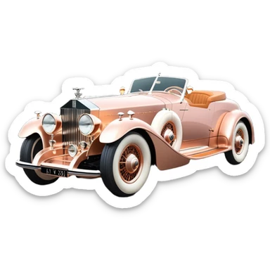 Bare bones streamlined stripped down hot rodded inlaid rose gold and wood accentuated sporty 1932 Rolls Royce with futuristic electric spaceship plasma neon glowing motors and lightening dynamos with wide racing wheels that are held strong by advanced suspension and steering sticker