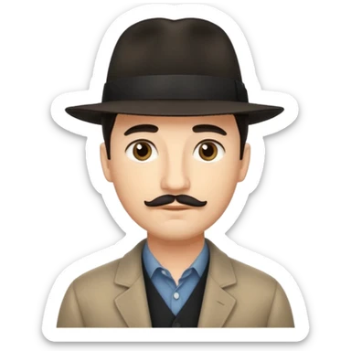 A light-skinned man with short dark hair, a thin mustache, and a black fedora, with an oval face and calm look. sticker