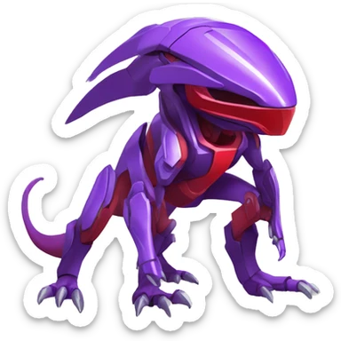 a shiny purple-red Genesect-Raptor-Fakémon—hybrid with a futuristic visor-helmet full body sticker